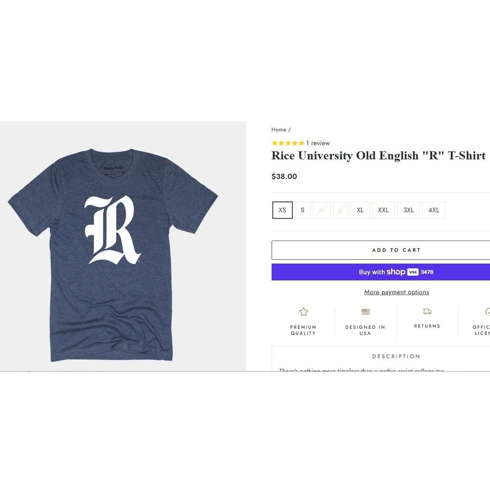 Homefield Rice University Old English "R" Gothic Script T-Shirt - Blue - Large - Picture 2 of 2